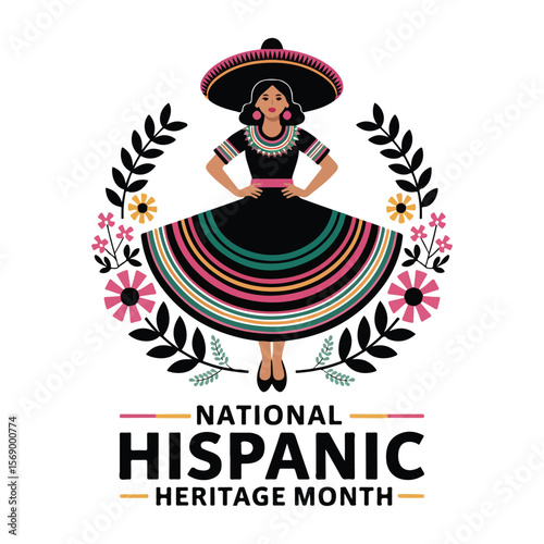 Hispanic Heritage Month Vector with Traditional Mexican Woman Illustration