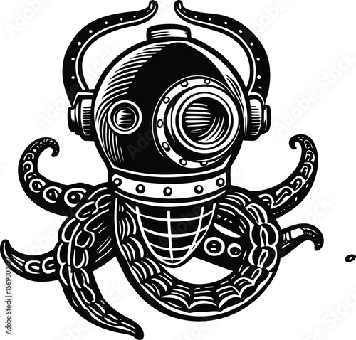 Deep Sea Diving Helmet Octopus Ink Illustration Vintage Nautical Design