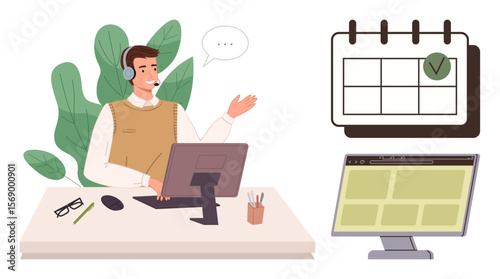 Professional user in headset interacting while sitting at desk with desktop, calendar, speech bubble, plants. Ideal for customer service, scheduling, organization, business communication