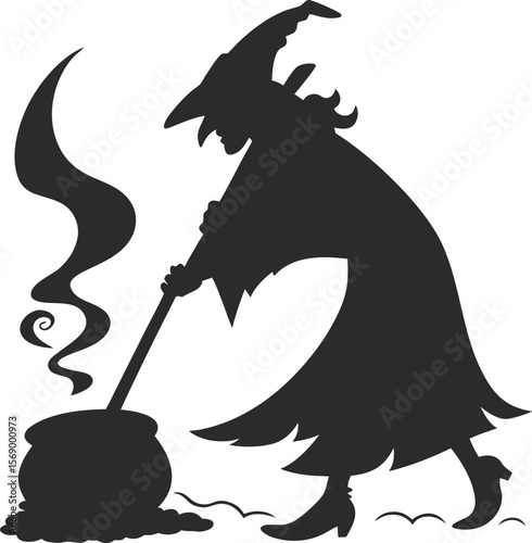 Spooky Silhouette Witch Stirring Halloween Cauldron Illustration