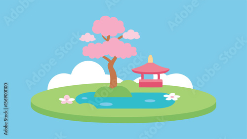 zen garden with blooming cherry blossoms landscape