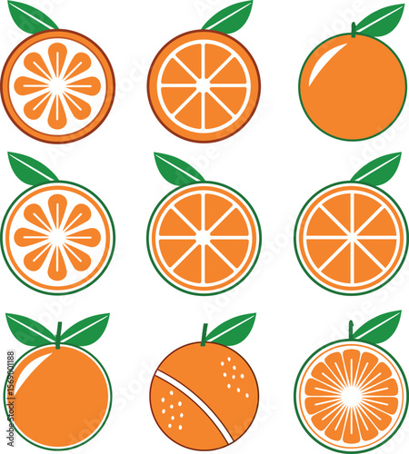 Collection of stylized flat design oranges and orange slices with green leaves on a white background