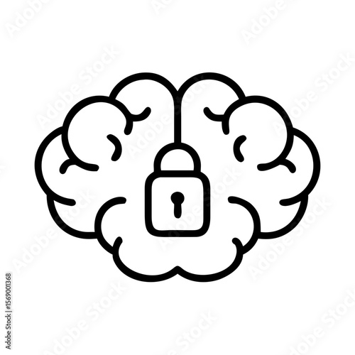 Brain with lock illustration in minimalist style on transparent background  