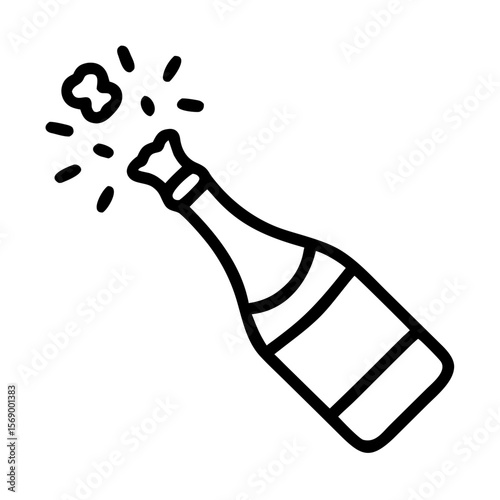 Champagne bottle popping in minimalist line art style on transparent background  