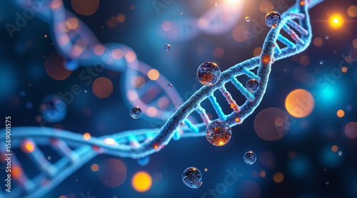 DNA strand with glowing particles in sci fi style, representing genetic editing and therapy for metabolism