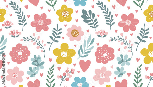Wallpaper Mural seamless pattern with abstract flowers, branches and hearts. Cute Valentine's background. Wedding concept. Childish print. Texture perfect for fabric,children, doodle, graphic, mother, Torontodigital.ca