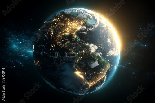 Stunning Night View of Earth from Space, Showing City Lights and Cloud Formations