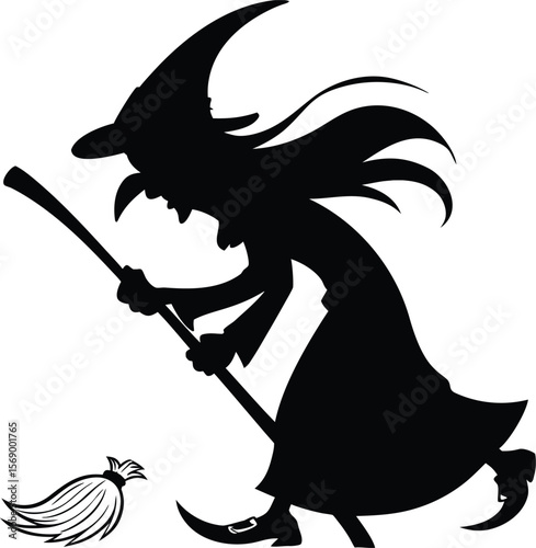 Silhouette of a Witch Flying on a Broomstick Halloween Spooky Illustration