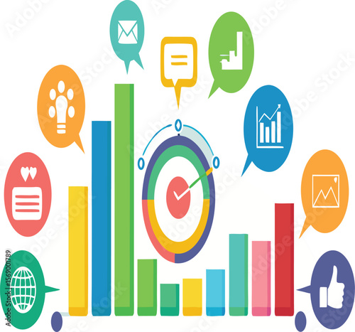 Illustration of bar graphs with speech bubbles containing icons for business and communication tools