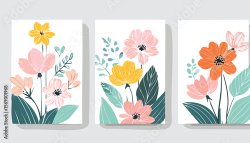Abstract minimalist posters with line art spring flowers. Set of trendy wall art, modern floral prints. Vector Illustration.leaf, colourful, cover, graphic, invitation, minimal, minimalist, painting, 