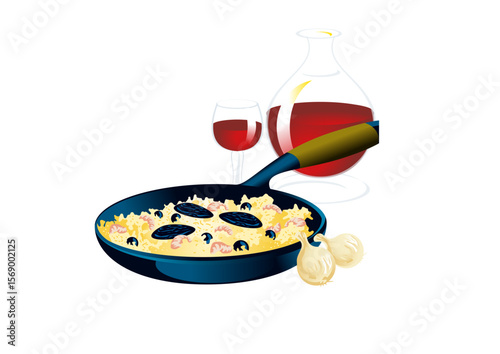 Serving with paella and red wine