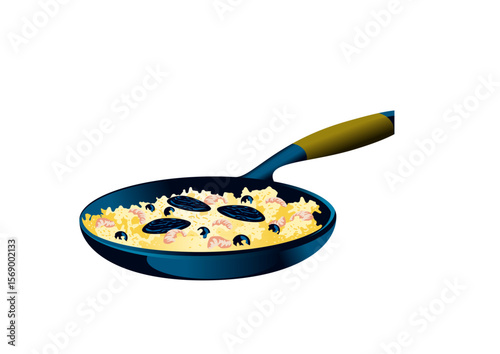 Pan of paella with seafood