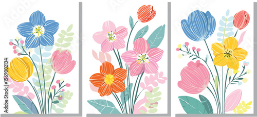 Abstract minimalist posters with line art spring flowers. Set of trendy wall art, modern floral prints. Vector Illustration.leaf, colourful, cover, graphic, invitation, minimal, minimalist, painting, 