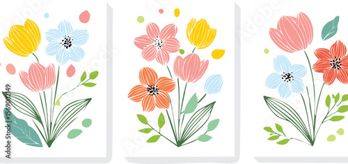 Abstract minimalist posters with line art spring flowers. Set of trendy wall art, modern floral prints. Vector Illustration.leaf, colourful, cover, graphic, invitation, minimal, minimalist, painting, 