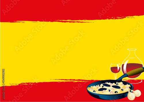 Background in Spanish colors and with an illustration of paella with seafood and a glass of red wine