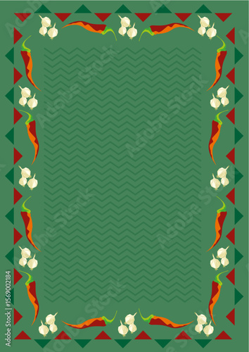 Green background with decoration of chilli and garlic