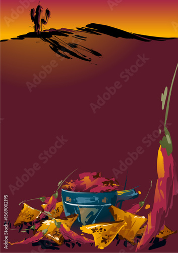 Graphic background with chili and a desert landscape to signal spicy Mexican food