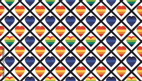seamless pattern. LGBTQIA Pride Month. Trendy geometric background with colorful hearts. Symbol of the LGBT community. Rainbow flag LGBT. Vector.community, festival, freedom, minimalist, month,