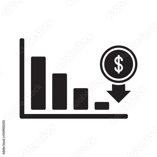 Economic decline glyph icon with falling bar chart and dollar coin symbolizing financial loss investment depreciation market crash and business recession vector solid