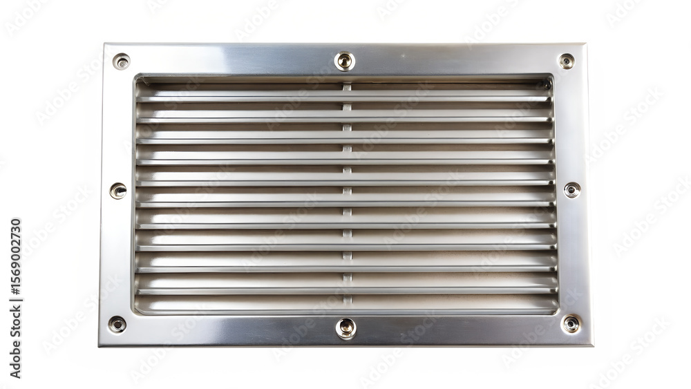 Fototapeta premium A rectangular metal ventilation grill, isolated on transparent background, shows parallel lines and a clean, modern design