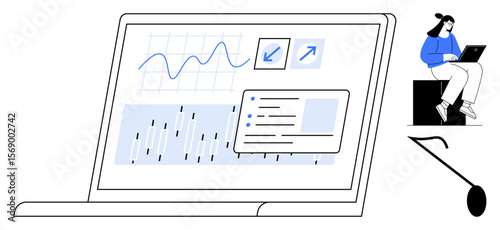 Interactive laptop screen with graphs, metrics, and task list. Woman working remotely. Ideal for analytics, productivity, teamwork, remote work business insights technology education. Minimal