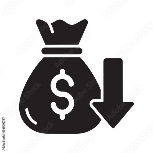 Cost reduction icon with money bag and downward arrow representing budget cut financial savings expense management and economic recession concept symbol vector solid glyph