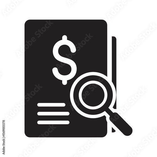 Financial audit icon with document dollar sign and magnifying glass for business analysis research budget inspection and accounting investigation vector solid glyph
