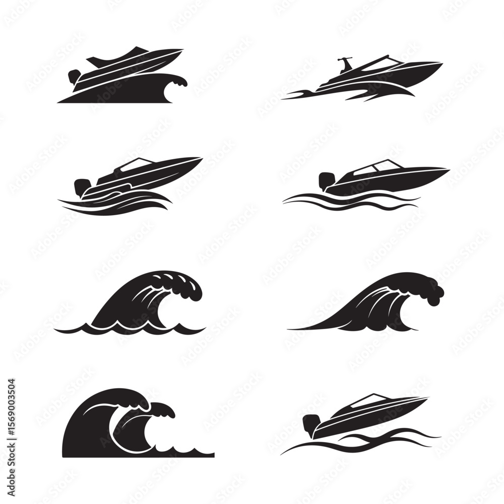 Obraz premium Black and White Boat and Wave Vector Icon Set speedboat