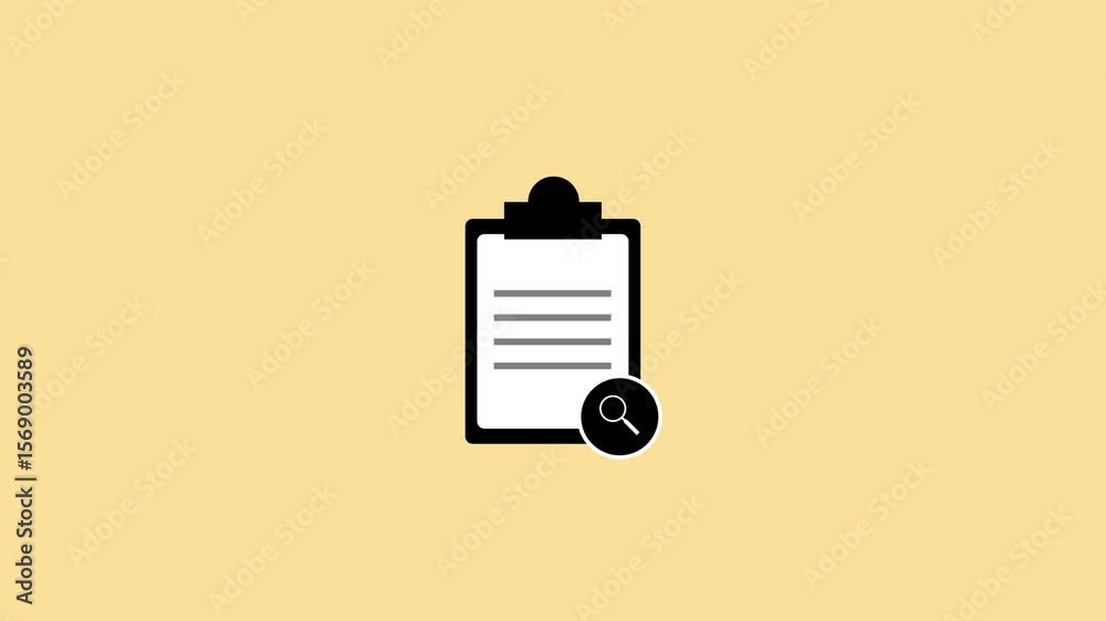 A simple animated clipboard with document on a light yellow background. Clipboard checklist animation. Minimal document with task list and check marks for business planning and management.