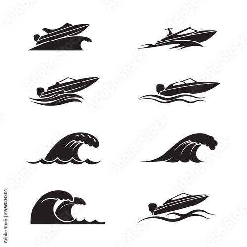 Black and White Boat and Wave Vector Icon Set speedboat