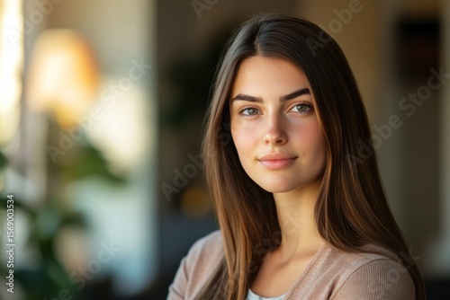 Office portrait of successful young woman in business casual, natural lighting