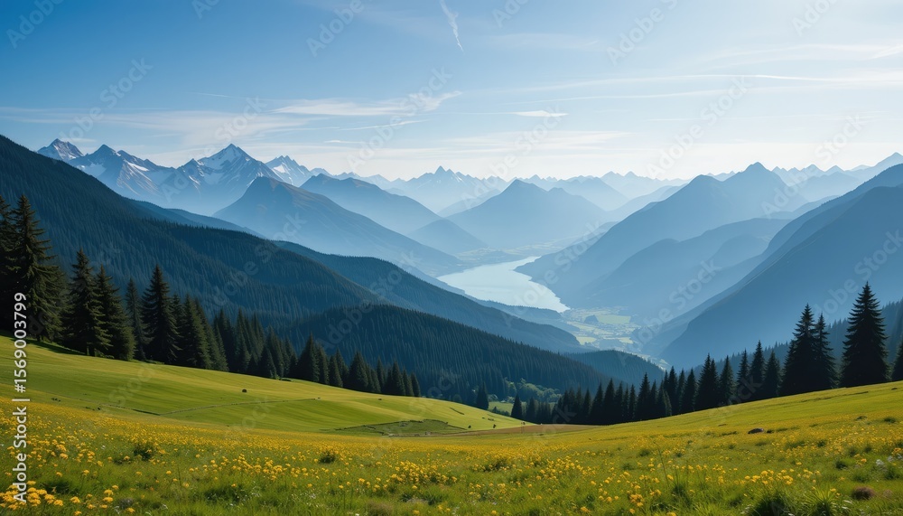 Fototapeta premium Panorama view of alpine mountains with green meadows and cloudy sky in summer