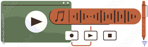 Media playback interface with play button, audio waveform, control icons, and smart digital pen. Ideal for media editing, digital tools, content creation, UI design, education tech products simple