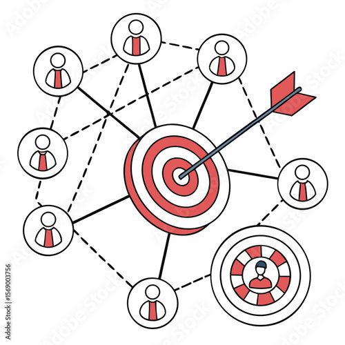 Reaching the Target: A visual representation of goals, marketing, or team collaboration, with a central target and interconnected human figures signifies the power of achieving objectives together. 
