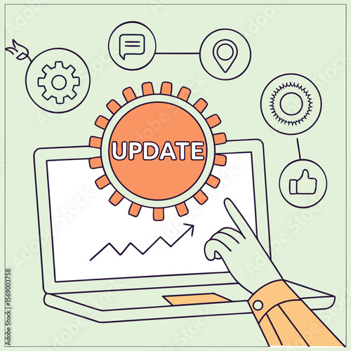 Digital Refresh: A graphic illustration of a laptop screen displaying a gear, communication symbol, location pin, and an arrow representing an upward trend, signifies update, system and innovation 