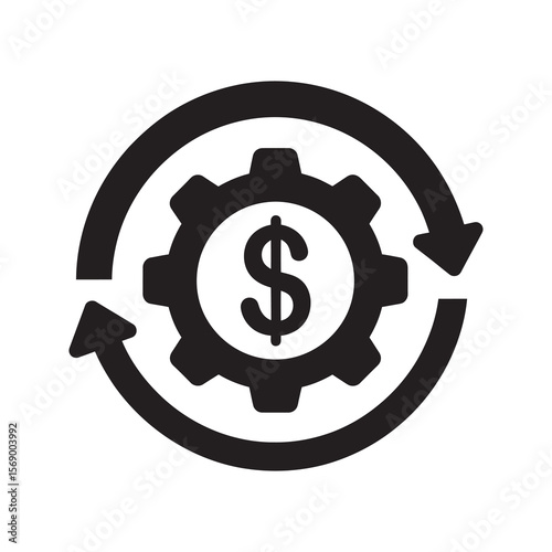 Workflow automation icon with gear inside circular arrows symbolizing continuous process improvement operations management and system development cycle vector solid glyph