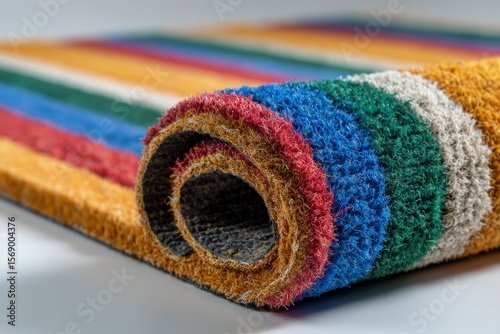 Rolledup mat with colorful stripes of yellow red blue green and white