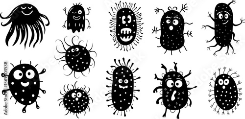 Set of cute hand-drawn bacteria and microbes in doodle style. Funny cartoon germs and viruses perfect for educational materials, children s books, posters, healthcare designs, or science-themed projec