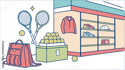 Tennis equipment store with rackets balls bag and apparel for sale in a sporting goods shop view