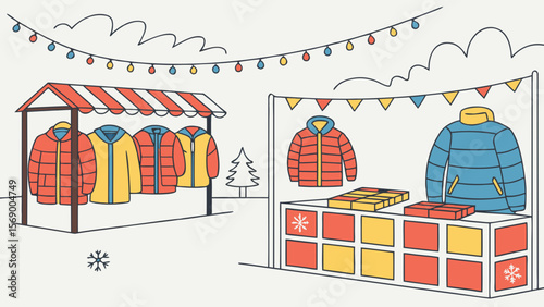 Winter clothing market with puffer jackets and seasonal decorations for holiday shopping event outdoors
