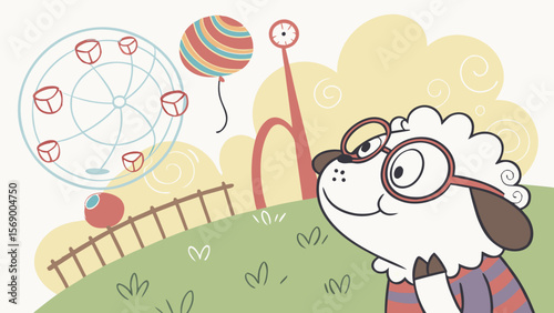 Cartoon dog at amusement park illustration vector graphic for children's book or website design use