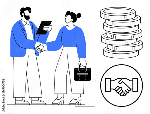 Two professionals shaking hands, one holding a document, the other a briefcase stack of coins, handshake icon. Ideal for partnership, agreement, success, teamwork, business growth collaboration