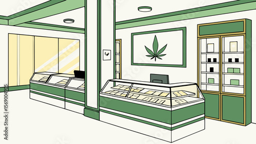 Cannabis dispensary interior design with green accents and product display cases and shelves, retail space