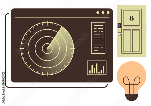 Radar screen interface with tracking data, locked door with keypad access, illuminated lightbulb concept. Ideal for cybersecurity, innovation, risk management, data tracking, smart home, modern