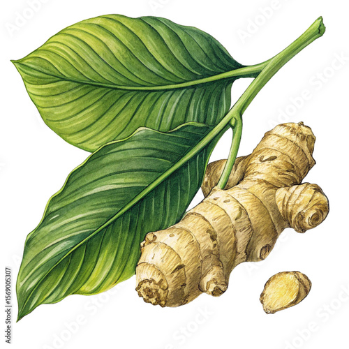 Ginger root with attached botanical leaves combining herbaceous and spicy elements