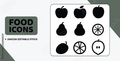 A grid of 9 solid black vector icons of fruits, featuring an apple, a pear, and a lemon, in a clean, graphic style.

