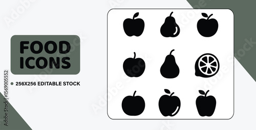 A grid of 9 solid black vector icons of fruits, featuring an apple, a pear, and a lemon, in a clean, graphic style.

