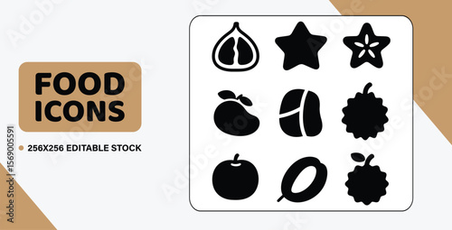 A collection of 16 filled vector symbols of assorted fruits, like a fig, a star fruit, and a jackfruit bulb, with a minimalist look.
