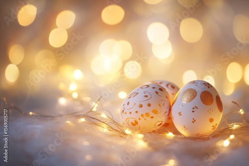 Elegant Easter eggs with golden decorations glowing warmly among fairy lights, creating a festive and magical holiday atmosphere