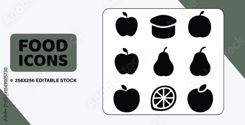 A grid of 9 solid black vector icons of fruits, featuring an apple, a pear, and a lemon, in a clean, graphic style.
